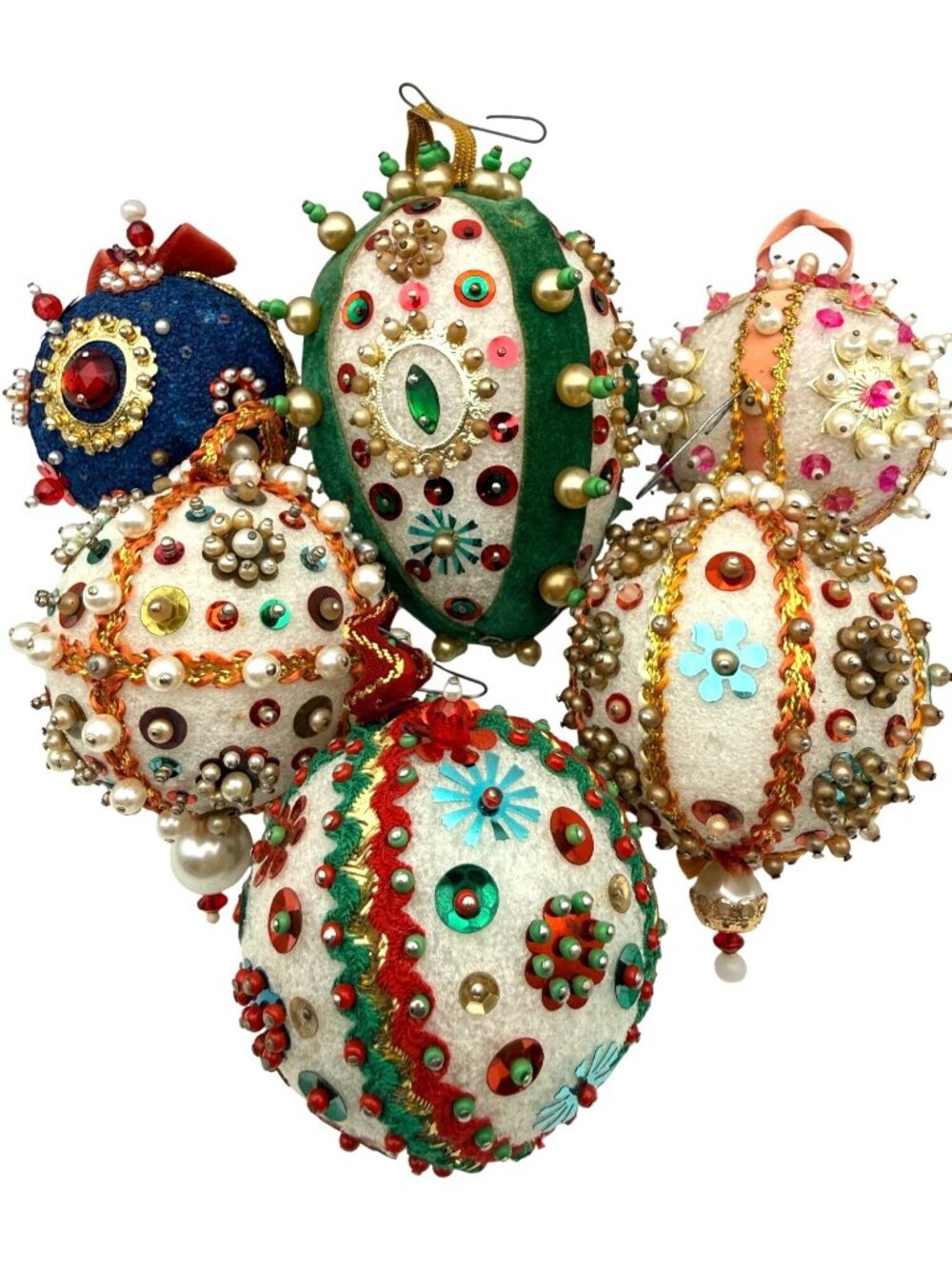 Vintage Handmade Pushpin Christmas Ornaments Sequin & Beaded Styrofoam Lot Of 6